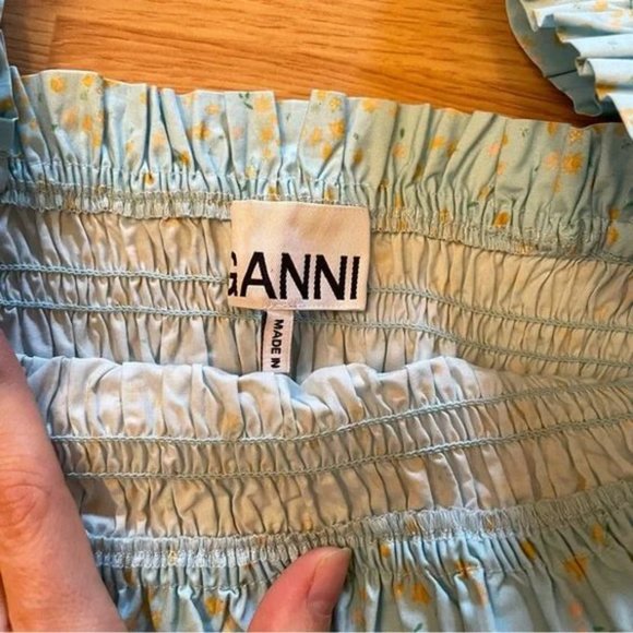 Ganni Smocked Corydalis Blue Printed Cotton Poplin Mini Dress - Picture 5 of 6